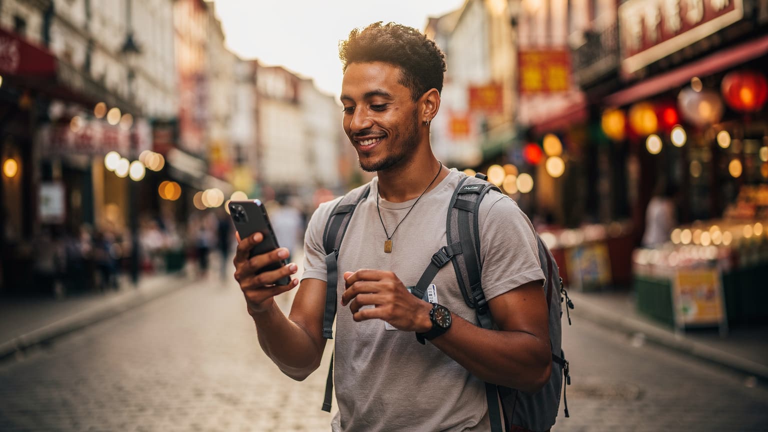 A diverse traveler smiling at their smartphone in a blurred international city, symbolizing easy and affordable global connectivity using an eSIM.