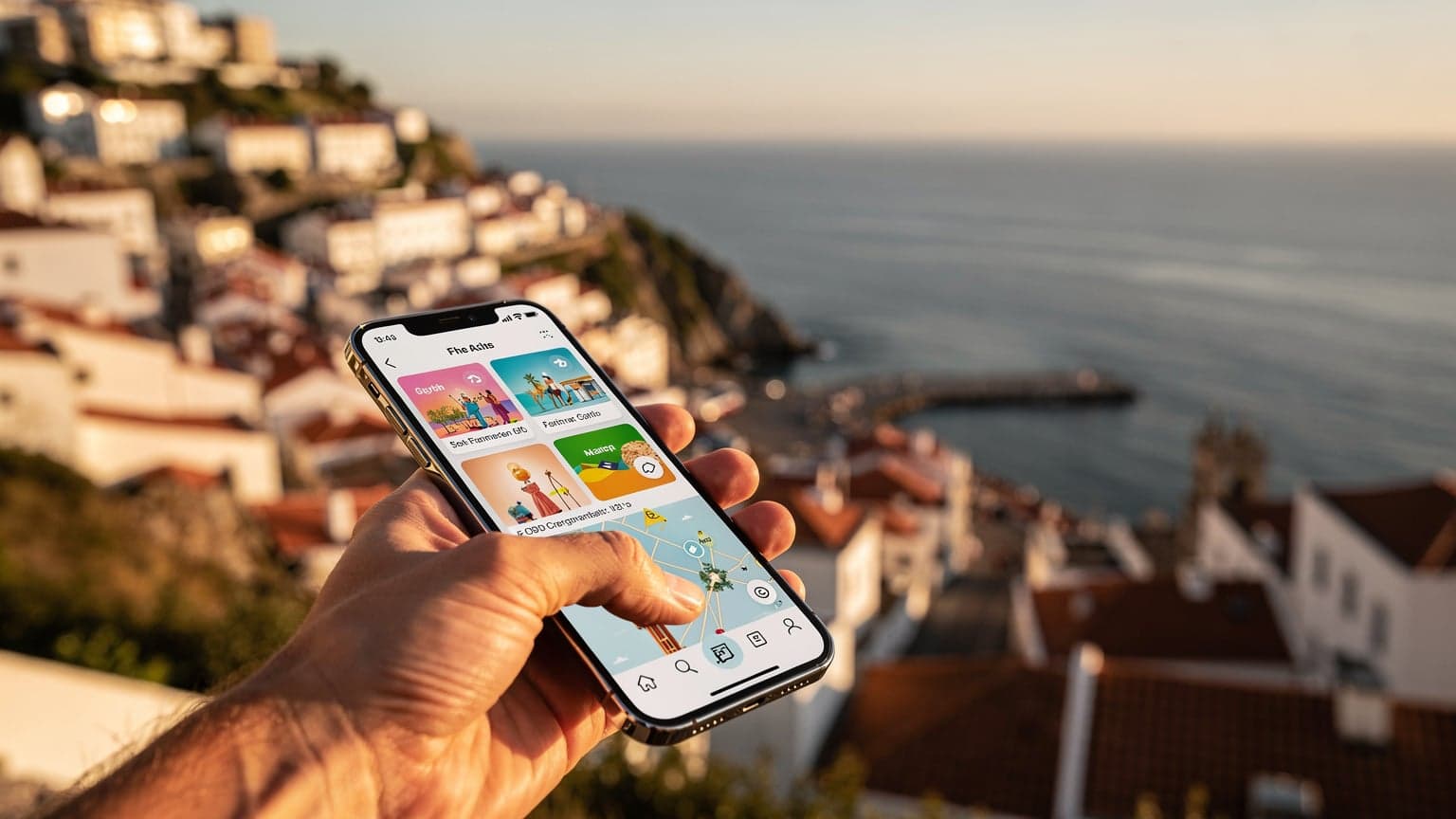 A hand holding a modern smartphone against a scenic backdrop of a sun-drenched Portuguese coastal town and the ocean, conveying seamless travel planning.