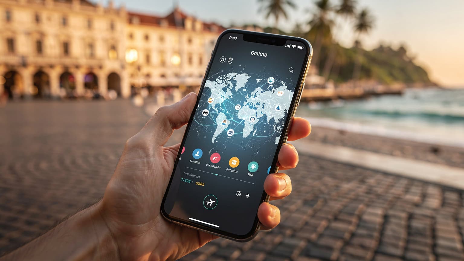 A photorealistic hero image for a travel tech magazine, featuring a smartphone screen displaying a global network map, set against a blurred backdrop of a scenic travel destination, symbolizing international connectivity and travel.