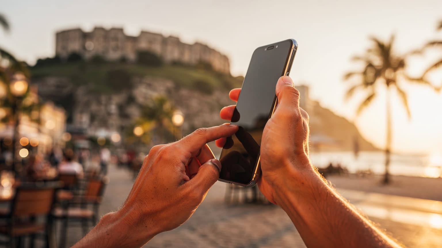 A close-up of a traveler holding a smartphone against a blurred, scenic foreign backdrop, illustrating effortless global connectivity and modern travel with eSIM technology.