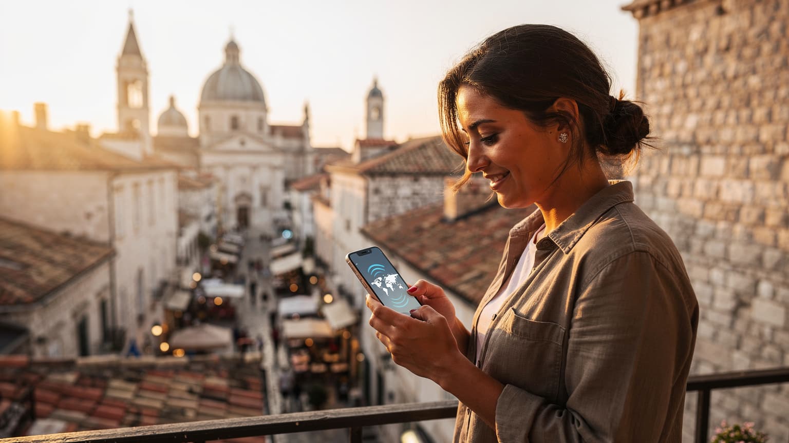 A traveler holding a smartphone on a balcony overlooking a historic European city, symbolizing international connectivity and travel.