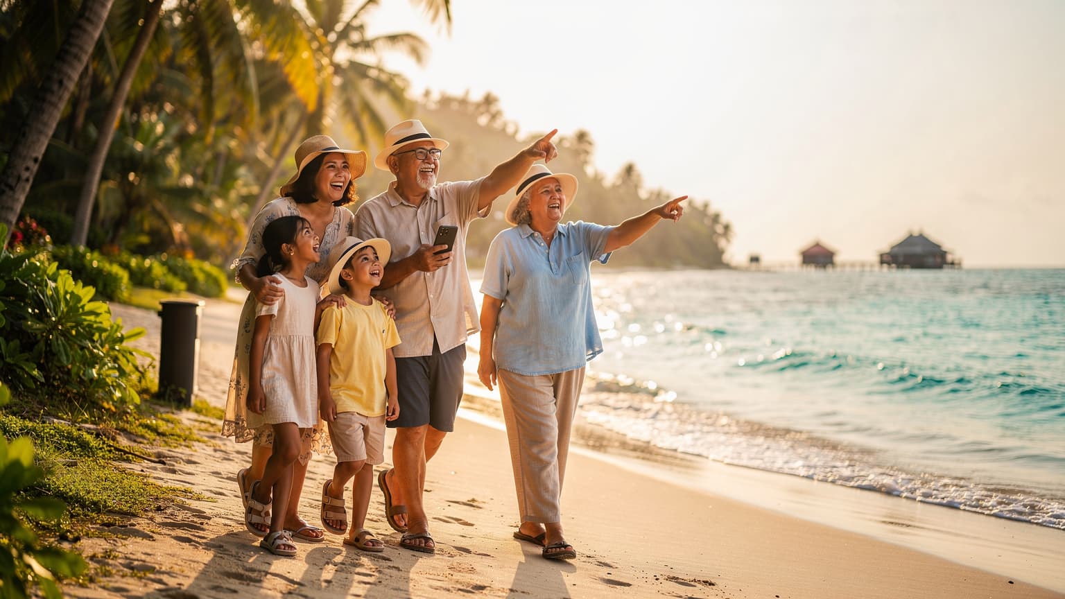 A photorealistic image showing a multi-generational Malaysian family happily traveling in a beautiful tropical destination at sunset, with a parent subtly using a smartphone to highlight effortless eSIM connectivity for a calm and connected holiday.