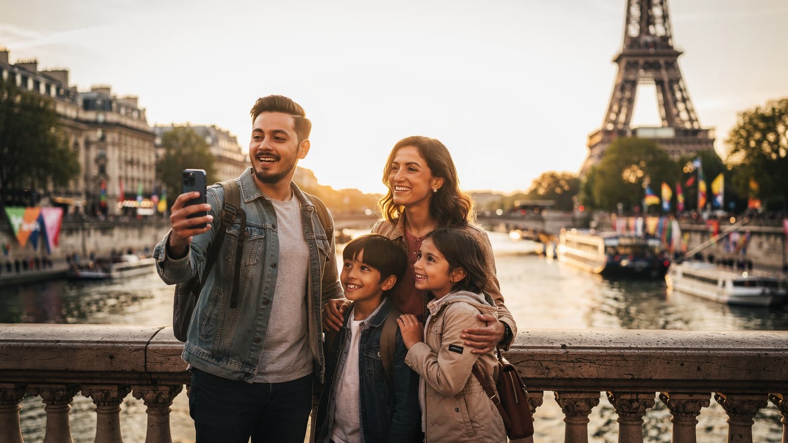 A happy family on a bridge in Paris with the Eiffel Tower in the background, one parent subtly holding a smartphone, conveying stress-free travel and connection.