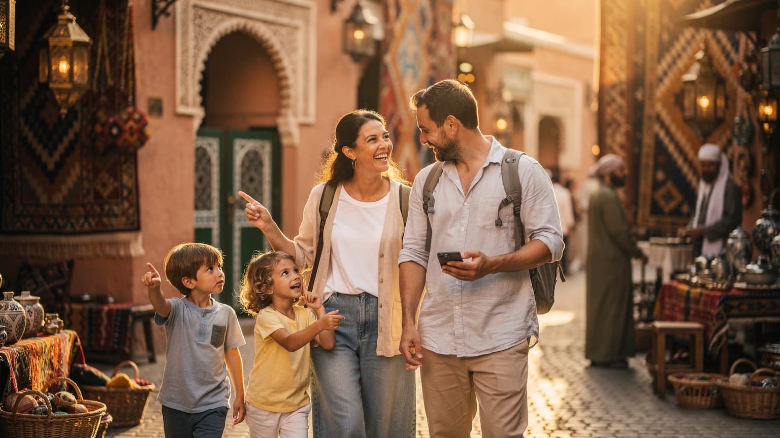 A family, including two children, uses a smartphone in a vibrant Moroccan market, representing modern travel and connectivity with eSIM.