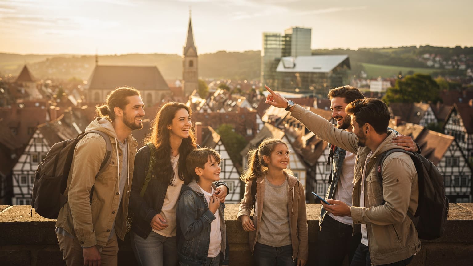 A diverse group of travelers, including a family, enjoying a scenic view in Germany, with one person subtly holding a smartphone, symbolizing modern travel and connectivity.