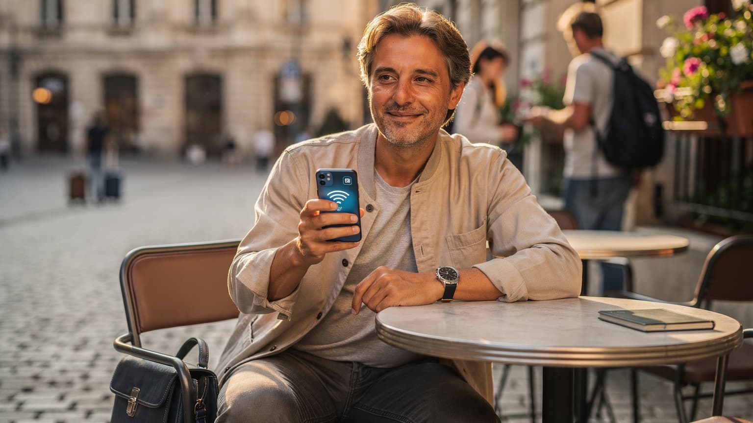 A parent smiles subtly while looking at their smartphone, suggesting successful resolution of travel data issues with an eSIM. They are in a sunlit outdoor cafe in a European city, with a blurred background of travel activity.