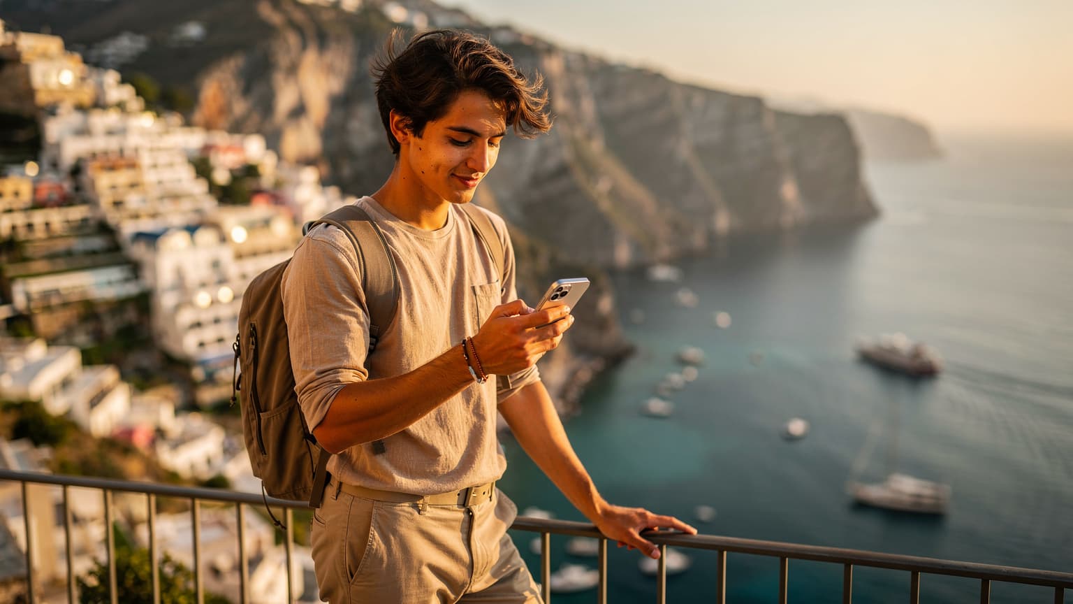 A young traveler on a scenic cliff overlooking a turquoise sea, looking at their smartphone with a thoughtful smile, symbolizing the choice between local and global eSIM for holiday connectivity.