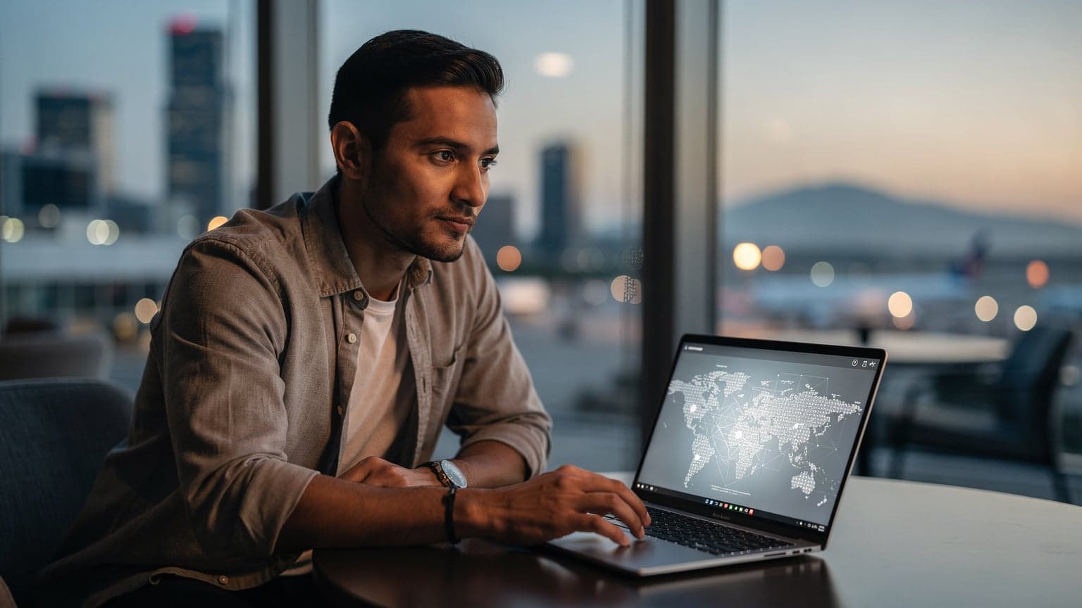A stylish traveler uses a modern laptop in a bright, airy travel setting, symbolizing seamless global connectivity with eSIM technology.