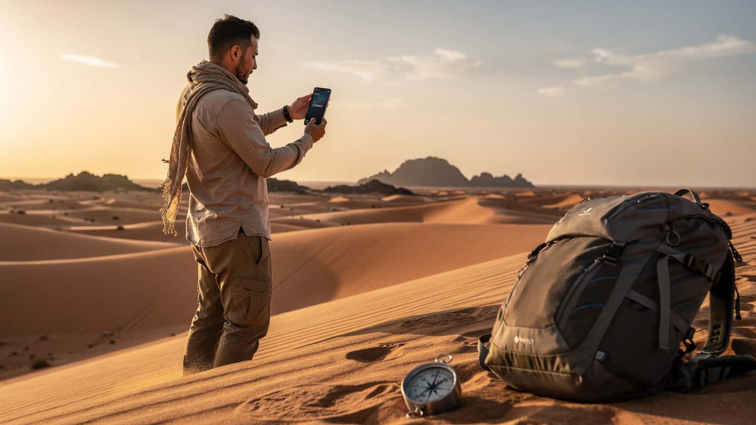 A cinematic, photorealistic image depicting a savvy nomad holding a glowing smartphone on a sand dune in the Algerian Algerian Sahara desert at golden hour, symbolizing travel and digital connectivity.