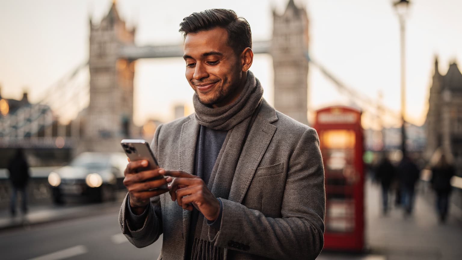 A stylish traveler in London, smiling calmly while looking at their smartphone, with a blurred iconic London landmark in the background under natural light, conveying a sense of stress-free, seamless connectivity while traveling.