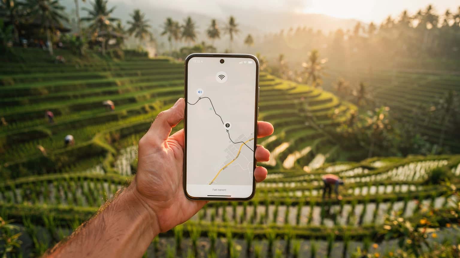 A hand holding a smartphone with a fast internet icon on its screen, against a blurred background of sunlit Balinese rice terraces, conveying modern travel and connectivity.