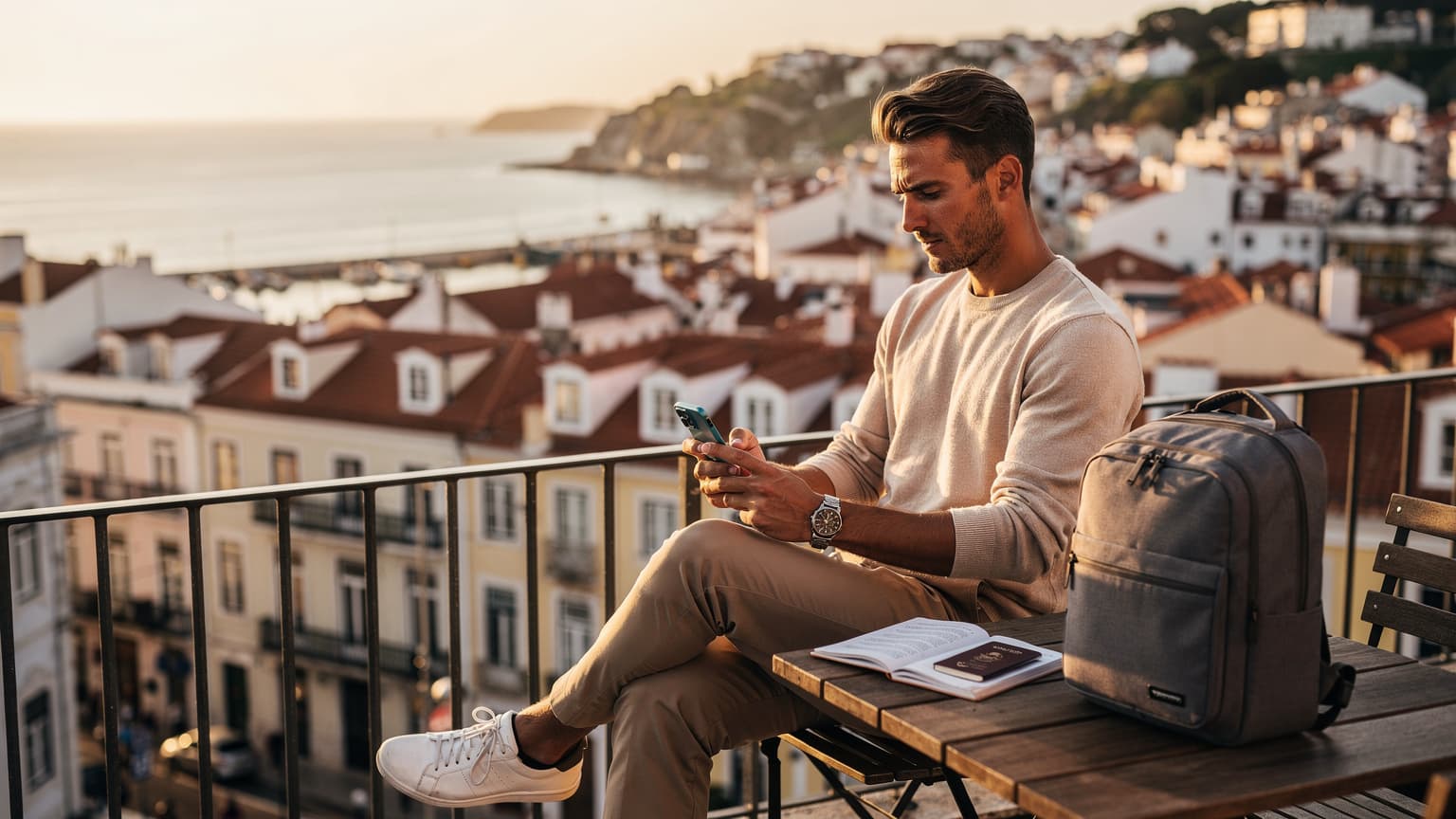 A photorealistic, cinematic image of a digital nomad in a scenic Portuguese setting, using a smartphone to illustrate seamless global connectivity for travelers, perfect for a travel and tech magazine hero photo.