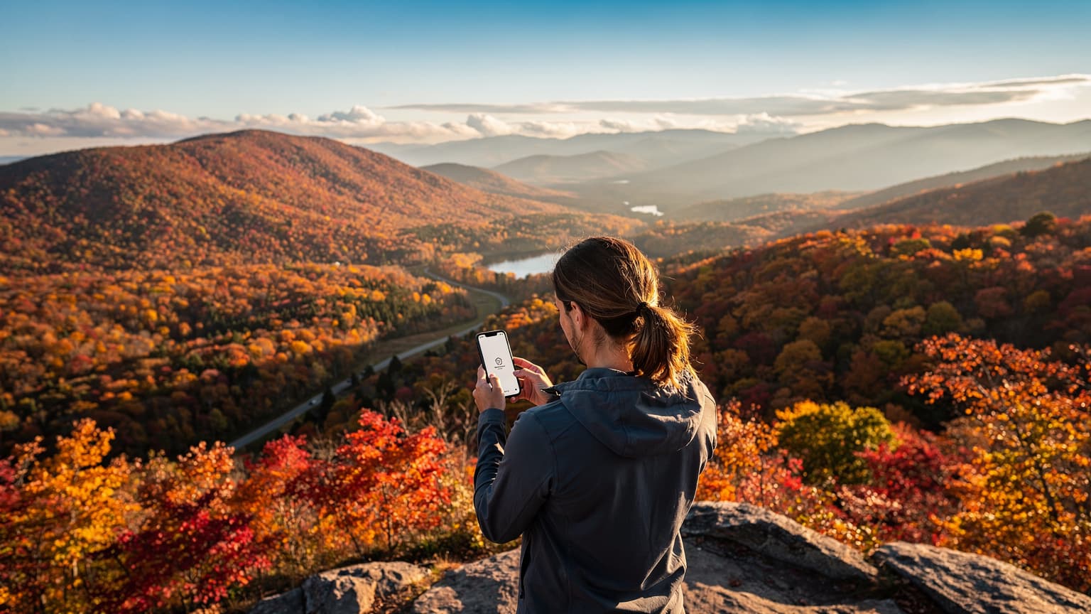 A traveler uses a smartphone on a scenic overlook surrounded by vibrant red, orange, and yellow autumn foliage in North America.
