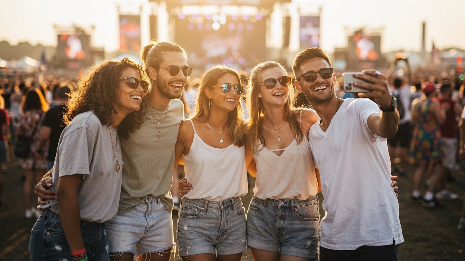 A vibrant, photorealistic image of a diverse group of young friends happily enjoying a large European music festival at golden hour. One person holds a smartphone, subtly indicating seamless connectivity within the festive crowd. The background shows blurred stage lights and a lively audience, evoking the energetic atmosphere of summer festivals like Sziget or Tomorrowland.
