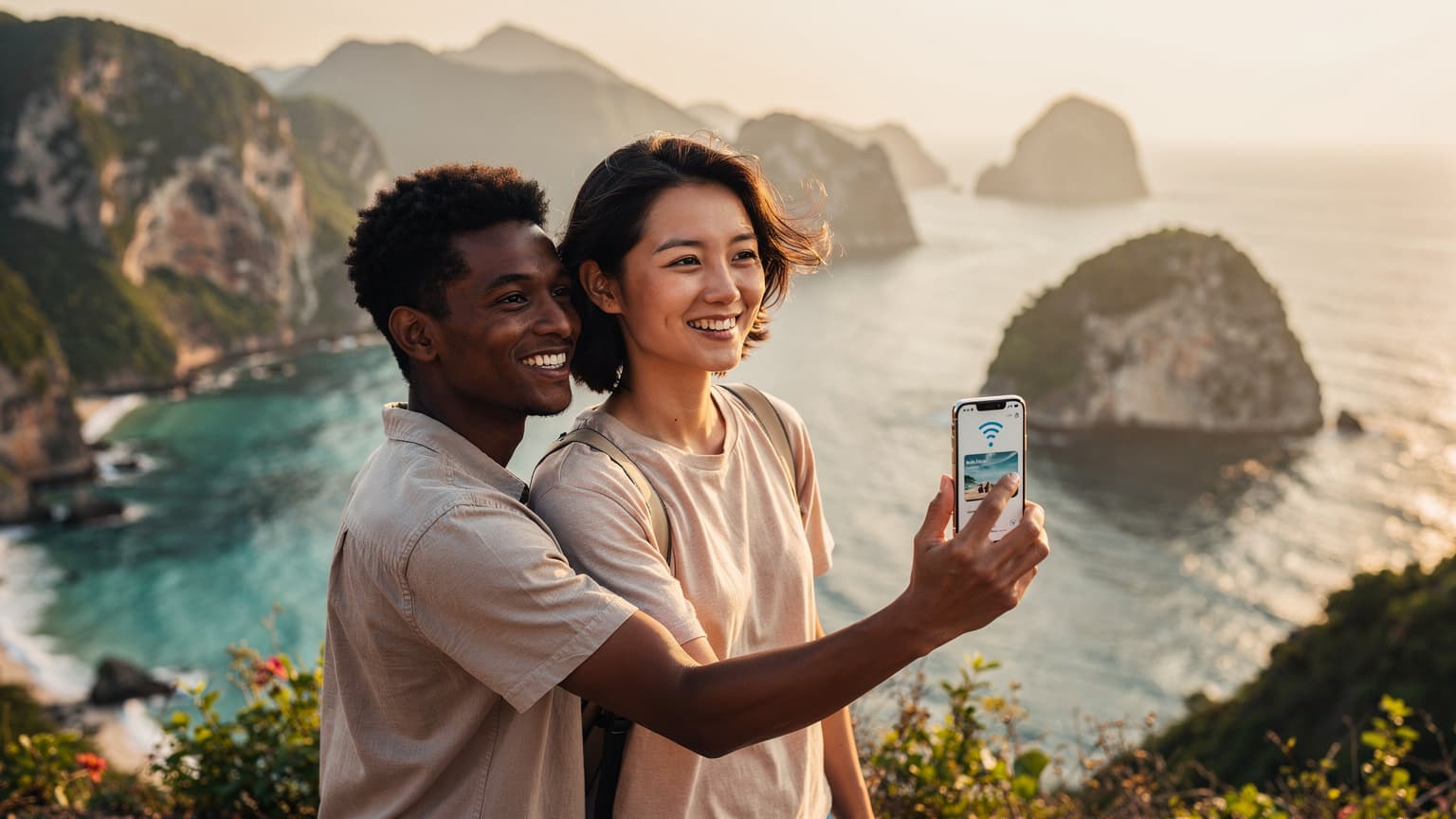 A diverse couple enjoying a scenic coastal view at golden hour, with one person subtly holding a smartphone, symbolizing modern travel and global connectivity.