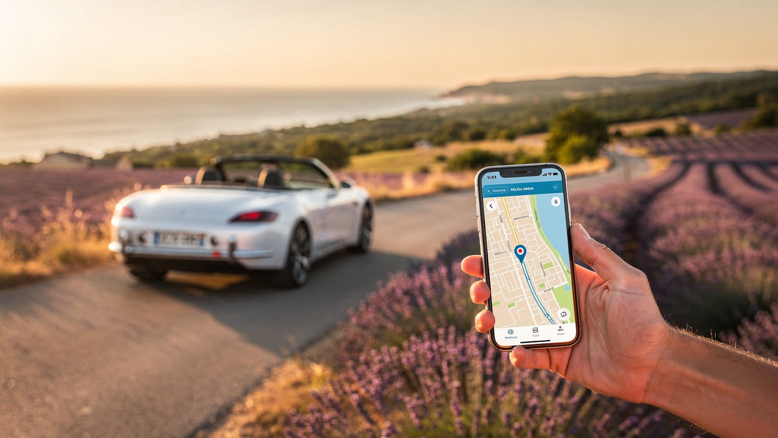A wide, cinematic shot of a picturesque French road trip scene with a subtle hint of technology, perfect for a travel magazine cover.