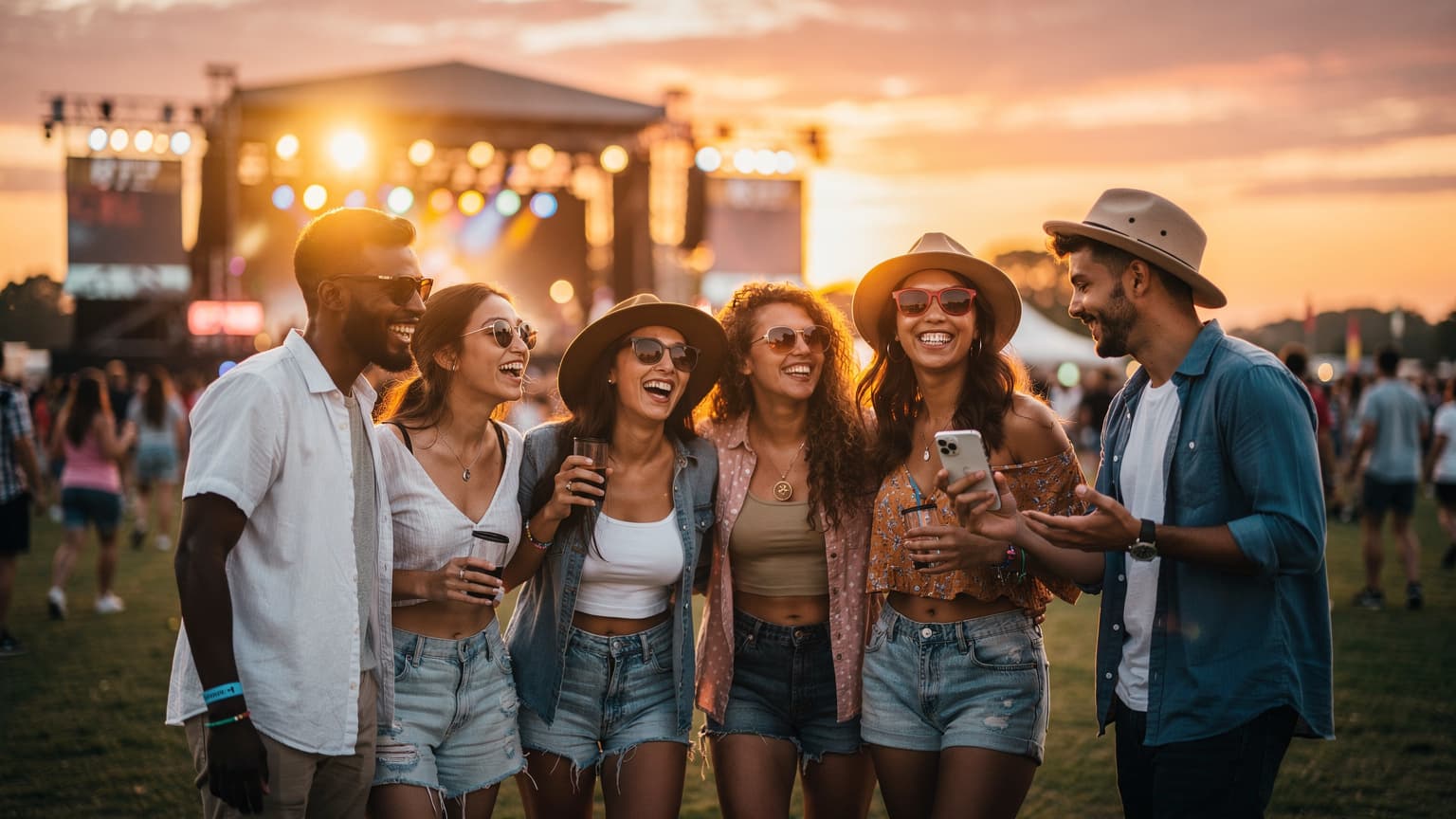 A photorealistic, editorial hero image for a travel and tech magazine. It shows a diverse group of young people at a vibrant outdoor music festival during sunset, smiling and enjoying the atmosphere. One person is subtly holding a smartphone, symbolizing modern connectivity like eSIM. In the background, the festival stage is lit with warm, natural light, and a large crowd is visible. The image conveys summer festival travel and seamless tech integration.