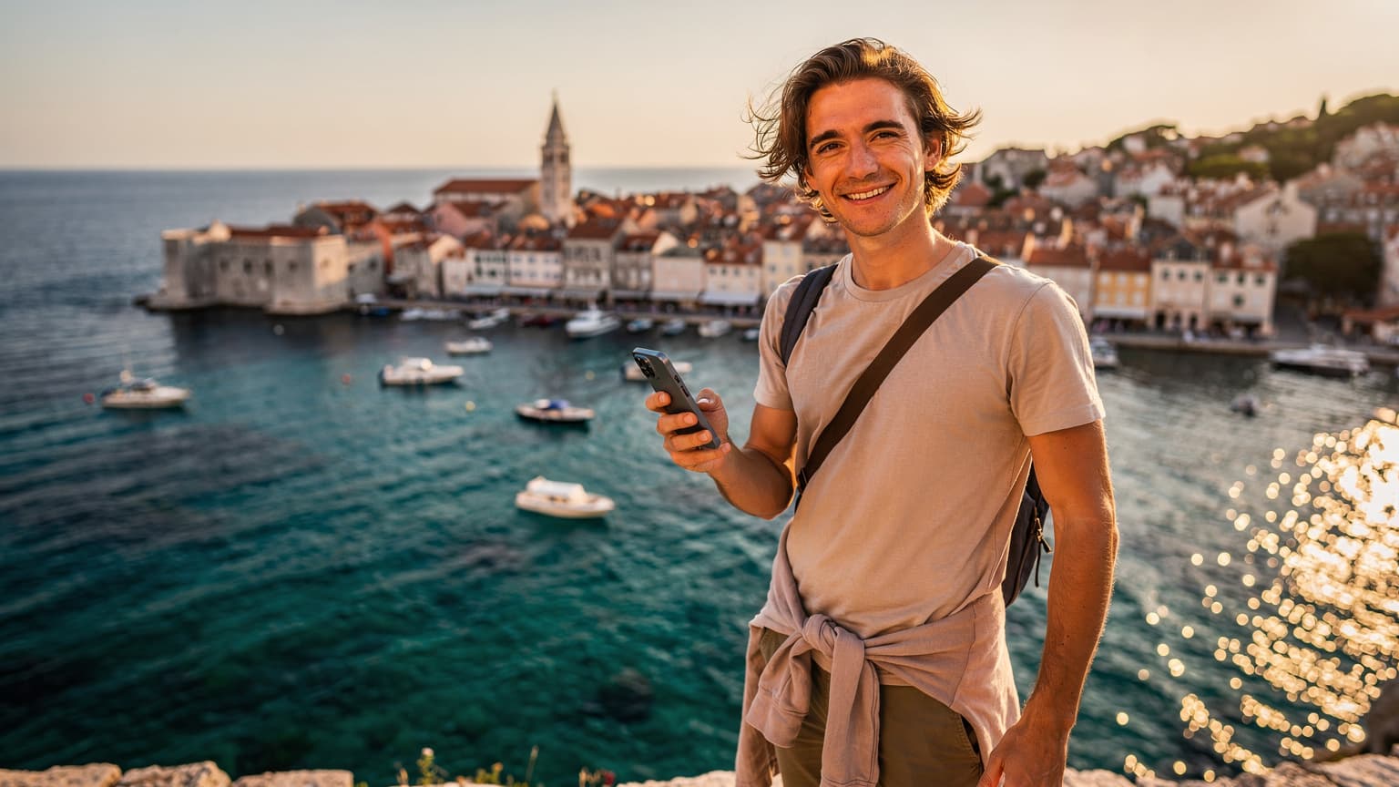 An editorial photo showing a person with a smartphone overlooking the Adriatic Sea and a Croatian coastal town, symbolizing budget-friendly travel with eSIM.