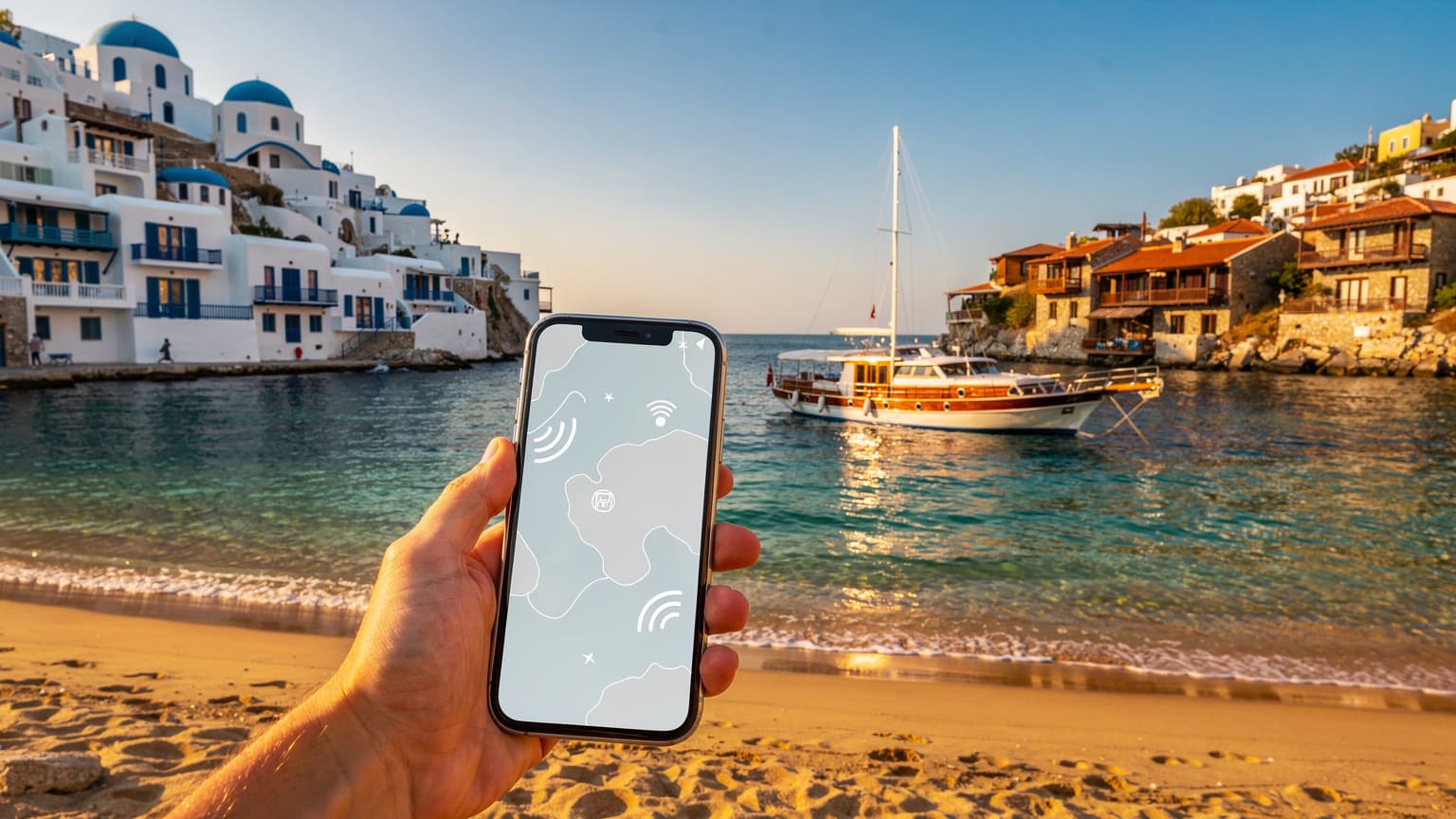 Editorial image of a hand holding a smartphone against a beautiful Aegean coastal backdrop with whitewashed buildings, blue sea, and a boat, symbolizing smart connectivity for a summer holiday.
