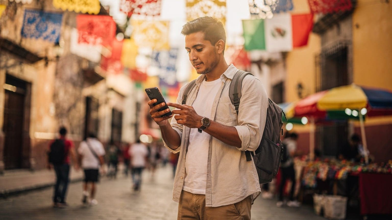 A vibrant editorial photo showing a traveler holding a smartphone in a festive Latin American street, symbolizing seamless connectivity for national holidays in Mexico, Peru, and Colombia.