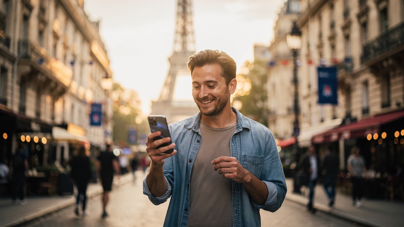 A cinematic, photorealistic image of a person smiling while using a smartphone on a sunlit street in Paris, with iconic architecture in the background, symbolizing seamless connectivity for the 2026 Olympics.