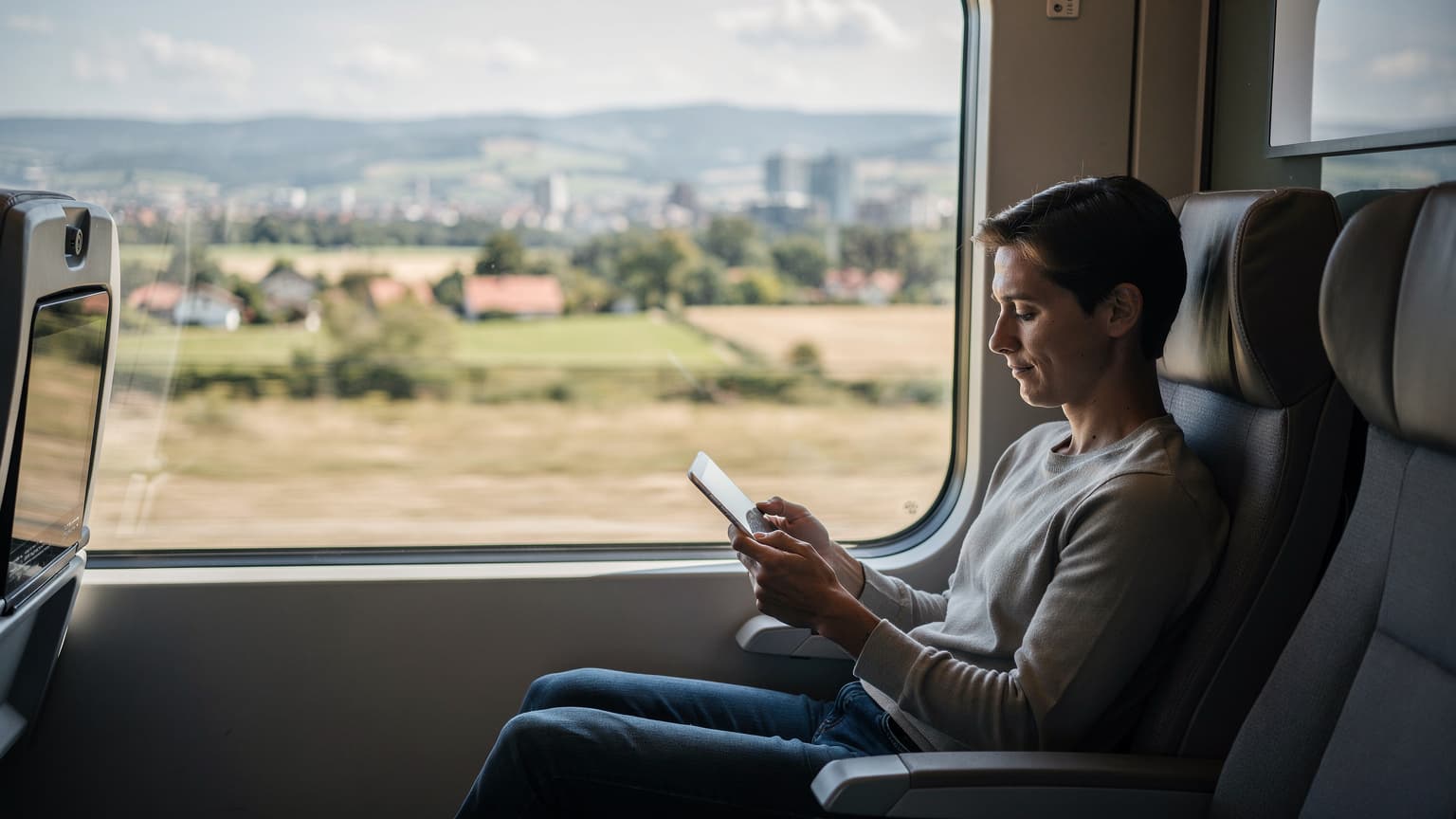 A person on a modern train, focused on their smartphone, with diverse landscapes visible through the window, illustrating seamless internet connectivity during international travel.