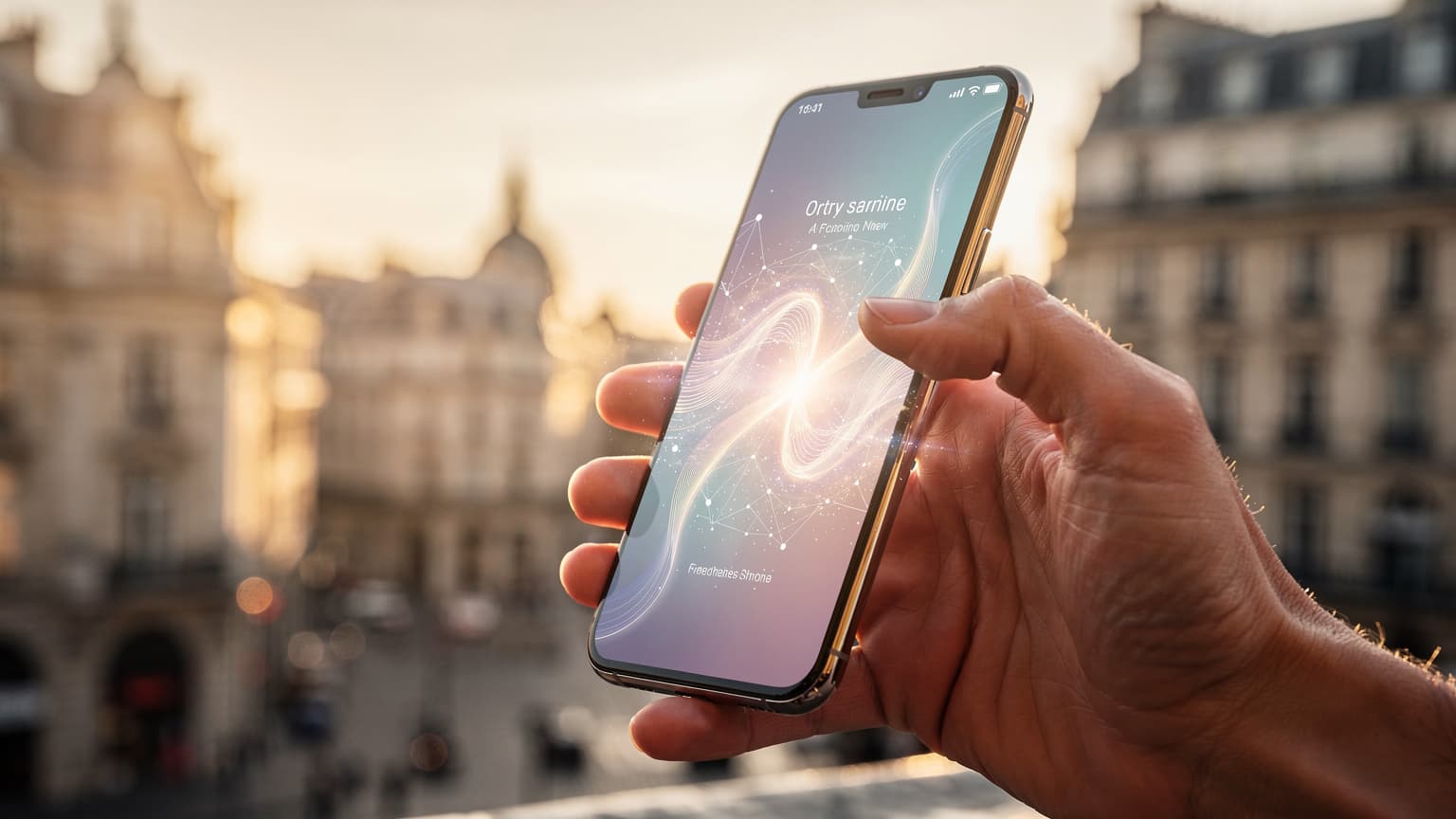 A hand holding a smartphone displaying an abstract digital interface, set against a blurred background of a European city at sunset, symbolizing global connectivity and technology comparison for travelers.