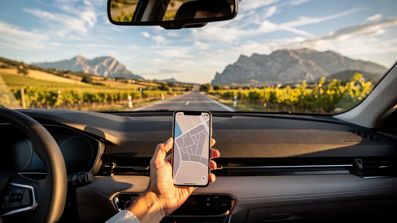 A photorealistic, cinematic image of a summer road trip. The view from inside a modern car looking out at a vast, sunny landscape with a hand subtly holding a smartphone, symbolizing seamless and connected travel.