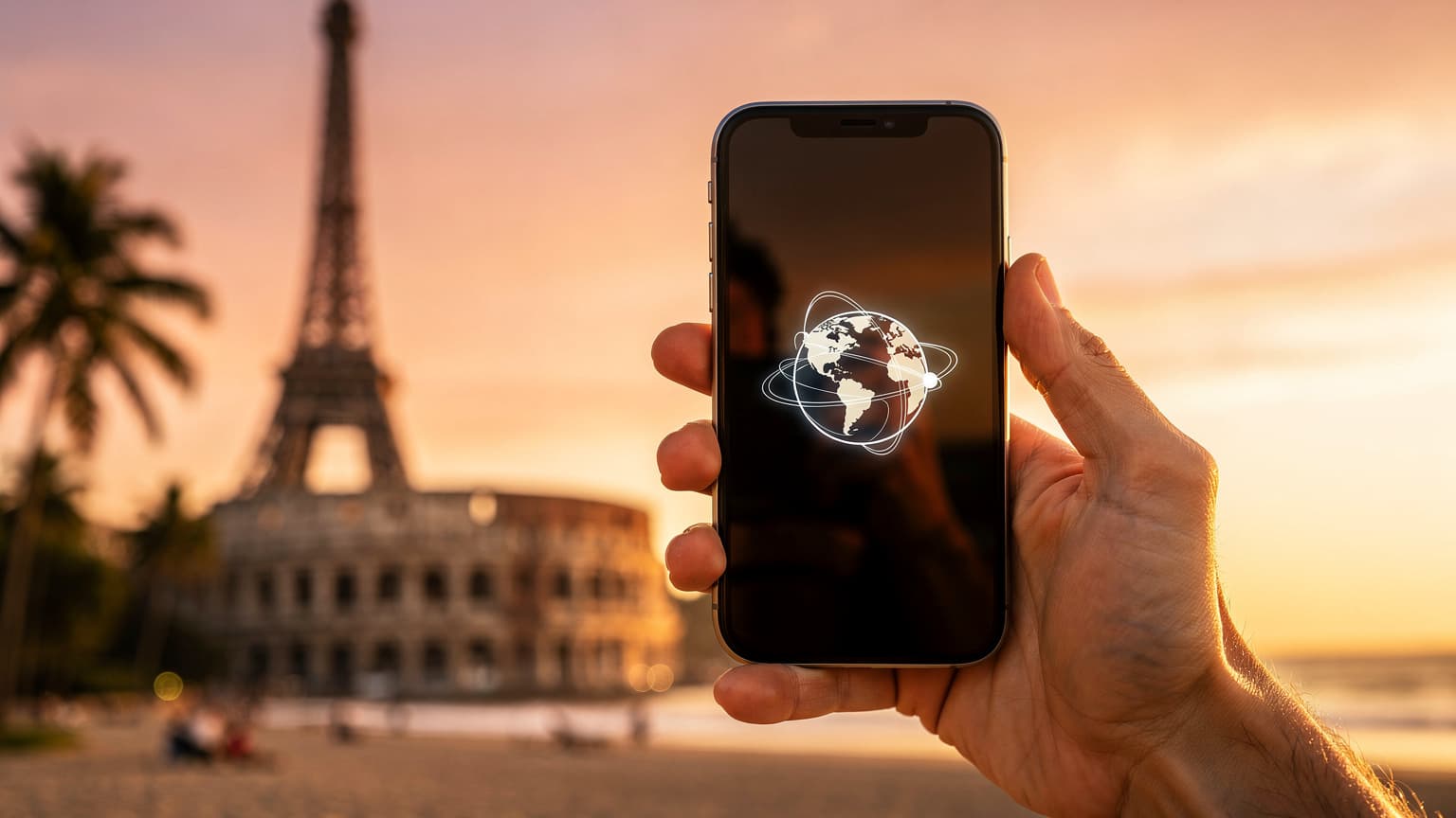 A traveler's hand holding a smartphone against a blurred, iconic travel destination during golden hour, symbolizing global connectivity for modern travel.