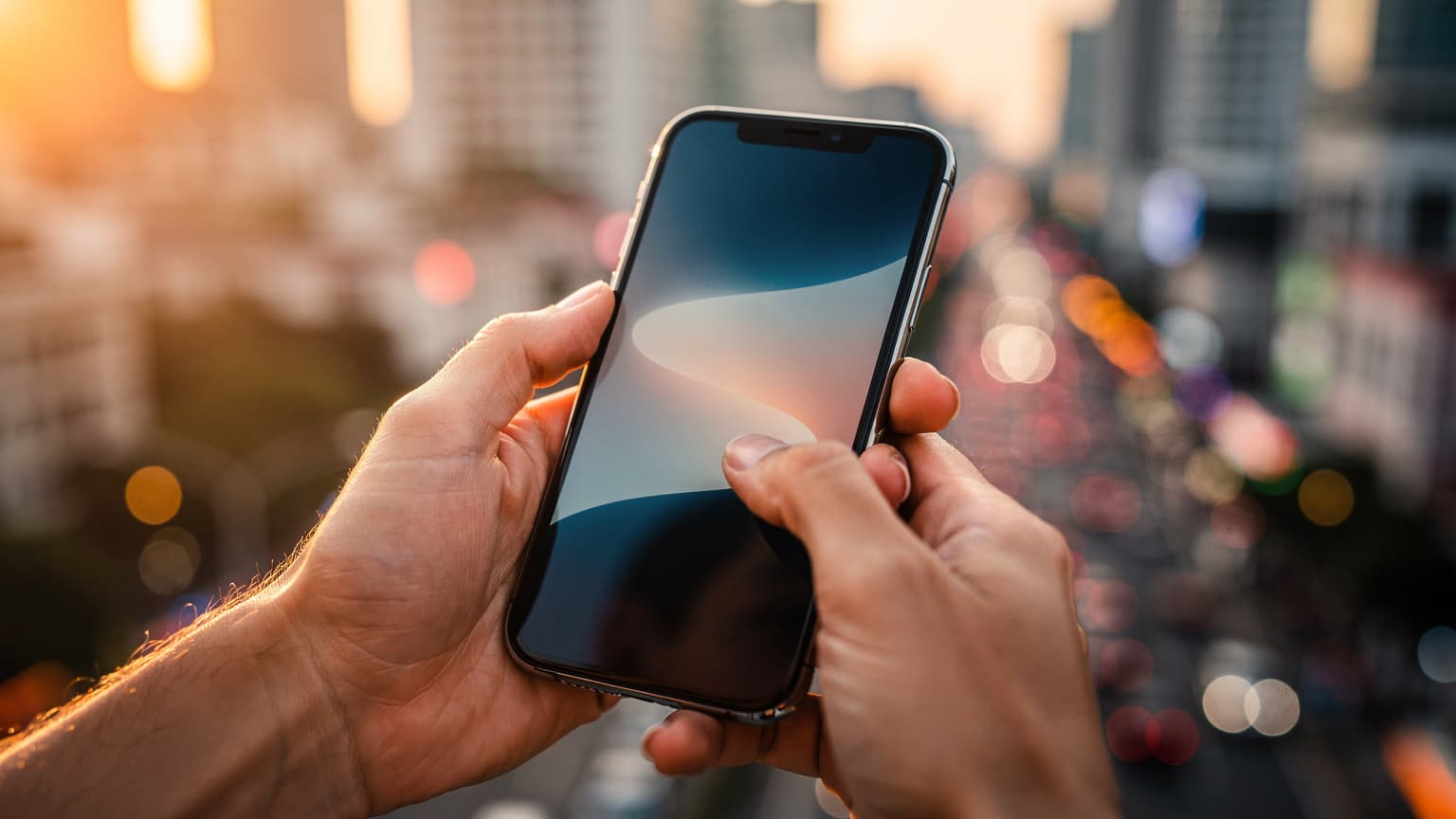 A person holding a modern smartphone in a sunlit, blurred international cityscape, symbolizing seamless global travel and connectivity.