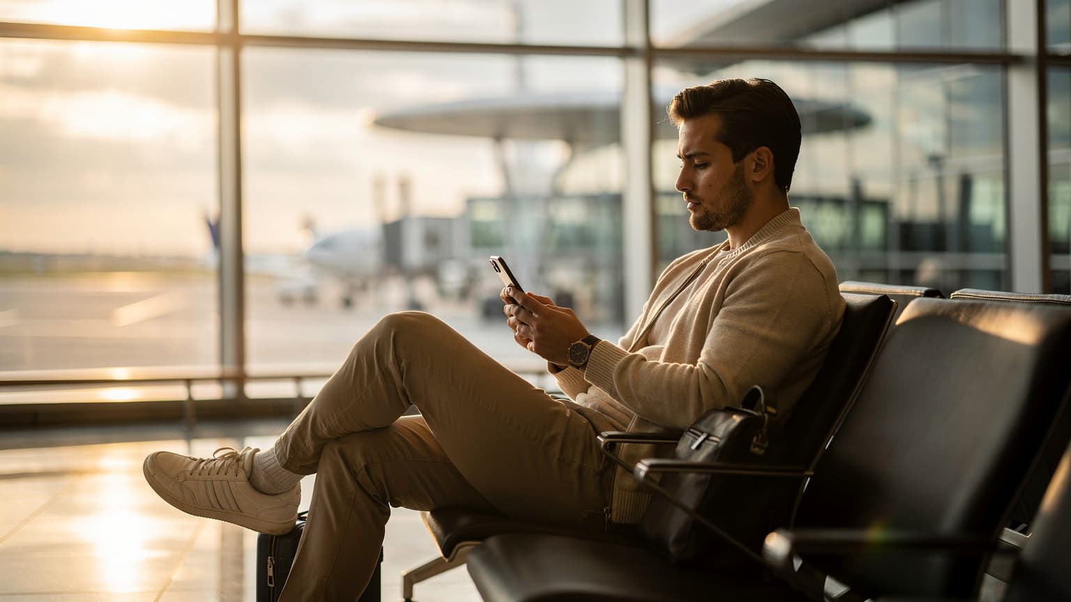 A calm traveler uses a smartphone in a bright, modern airport lounge, conveying connectivity and flexibility during potential travel disruptions.