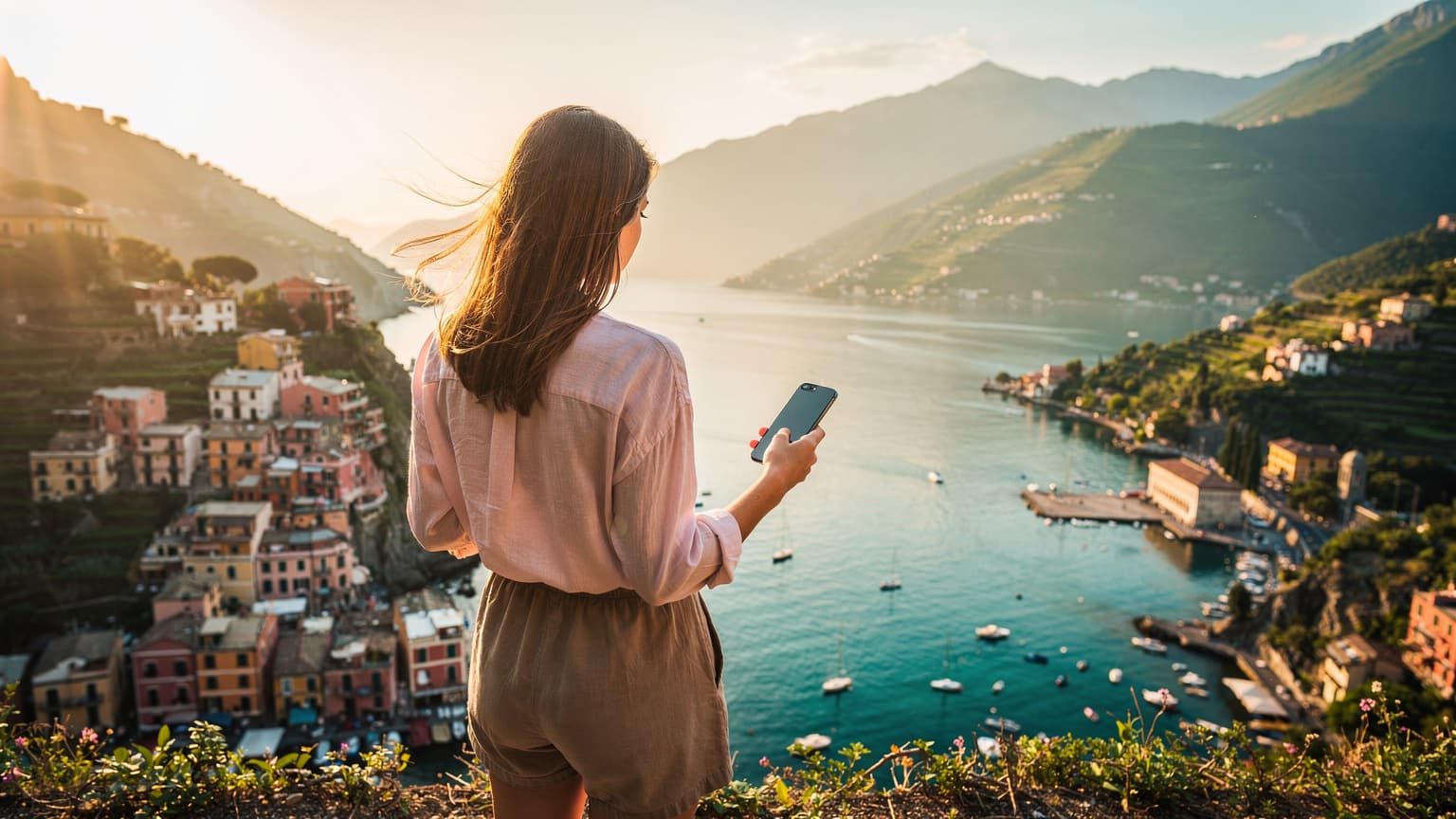 A person stands on a scenic Italian viewpoint, holding a smartphone, with a vibrant summer landscape stretching out under golden hour light.