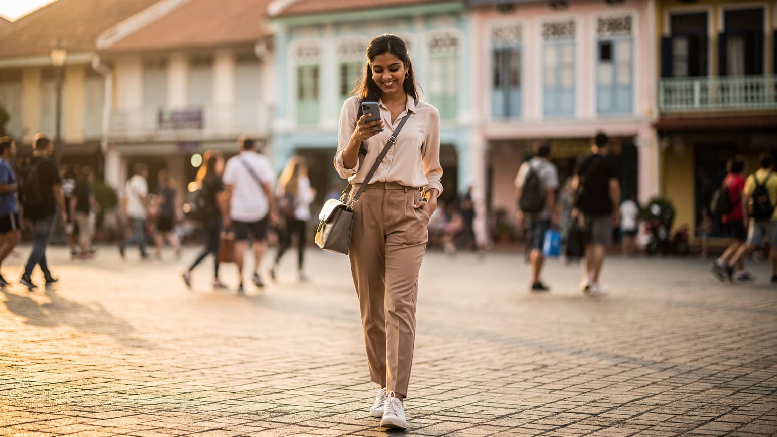 An Indian traveler joyfully using a smartphone in a foreign city, representing seamless global connectivity.