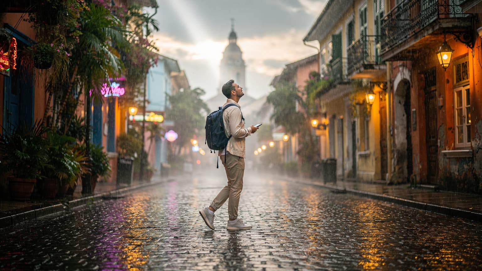 A cinematic, photorealistic image of a traveler walking on a wet cobblestone street in a foreign city during monsoon rain, holding a smartphone. The scene features reflections on the ground and lush architecture, conveying serene travel and seamless connectivity.