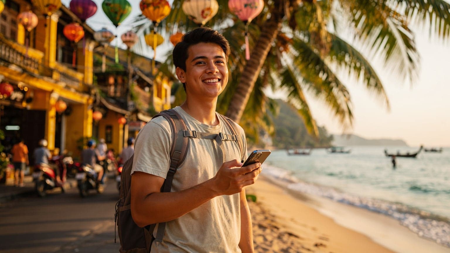 A smiling young adult traveler uses a smartphone in a vibrant Southeast Asian setting, either a bustling street in Vietnam or a tropical beach in Thailand, symbolizing easy international travel with an eSIM.