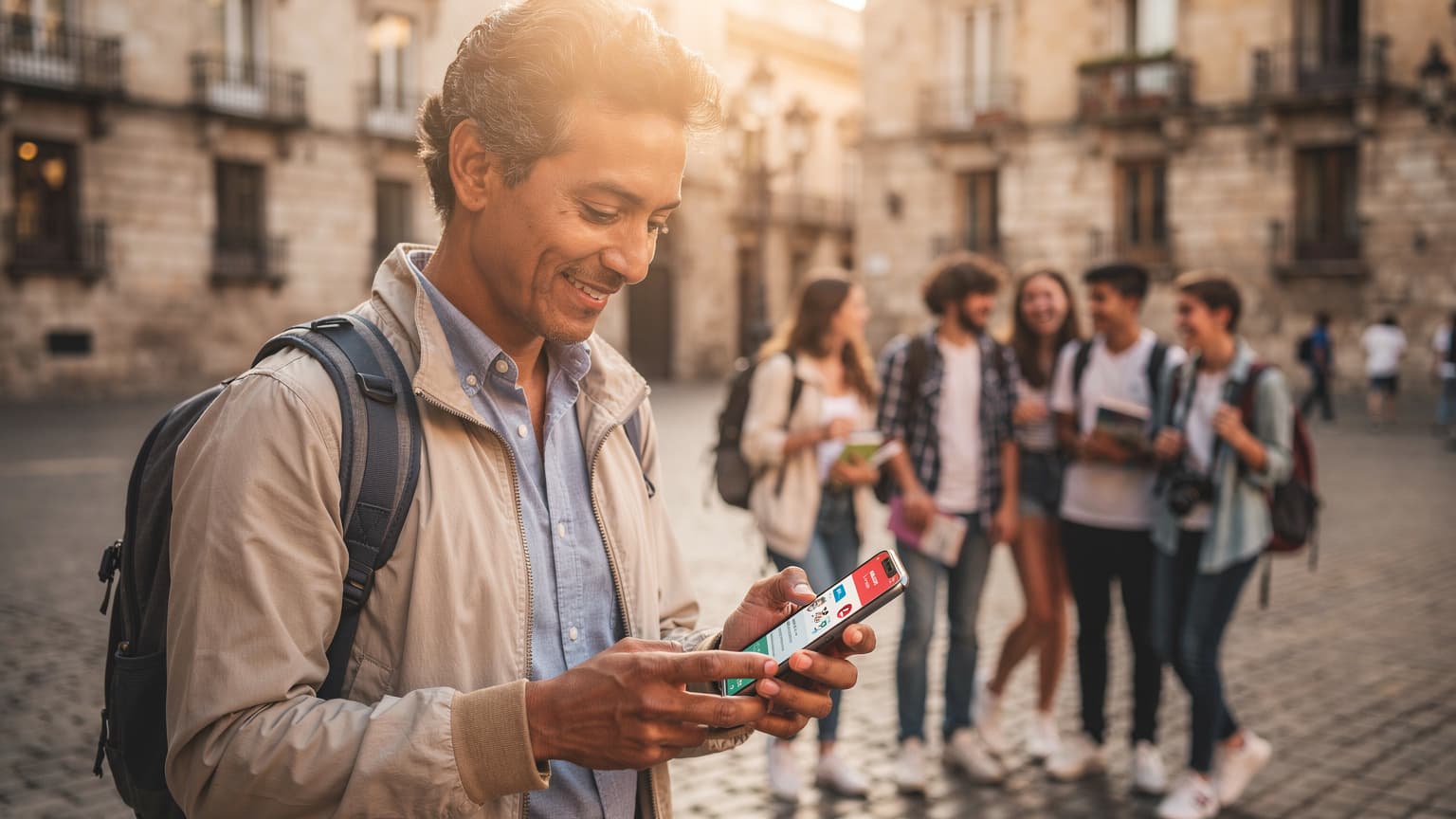 A parent looking at a smartphone with a reassured expression, while in the background, a group of students enjoy a study holiday in a European city. The image represents the ease of communication and monitoring for parents, and connectivity for students, during international travel, highlighting eSIM benefits.