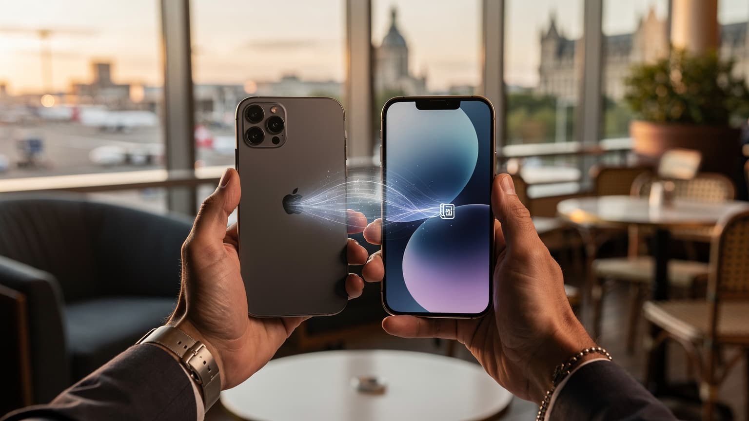 A traveler's hands holding two iPhones, one older and one newer, with a subtle digital connection, set against a blurred, scenic travel destination in the background, under natural light.