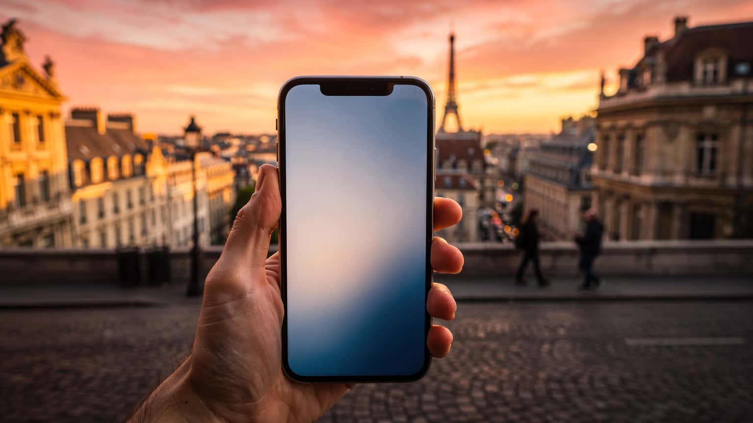 A hand holding a smartphone in the foreground, with a blurred, sunlit European city background, evoking spontaneous travel and digital connectivity.