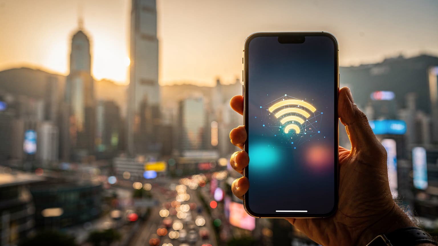 A hand holds a smartphone against a blurred, golden-hour Hong Kong skyline, with an abstract network signal on the screen.