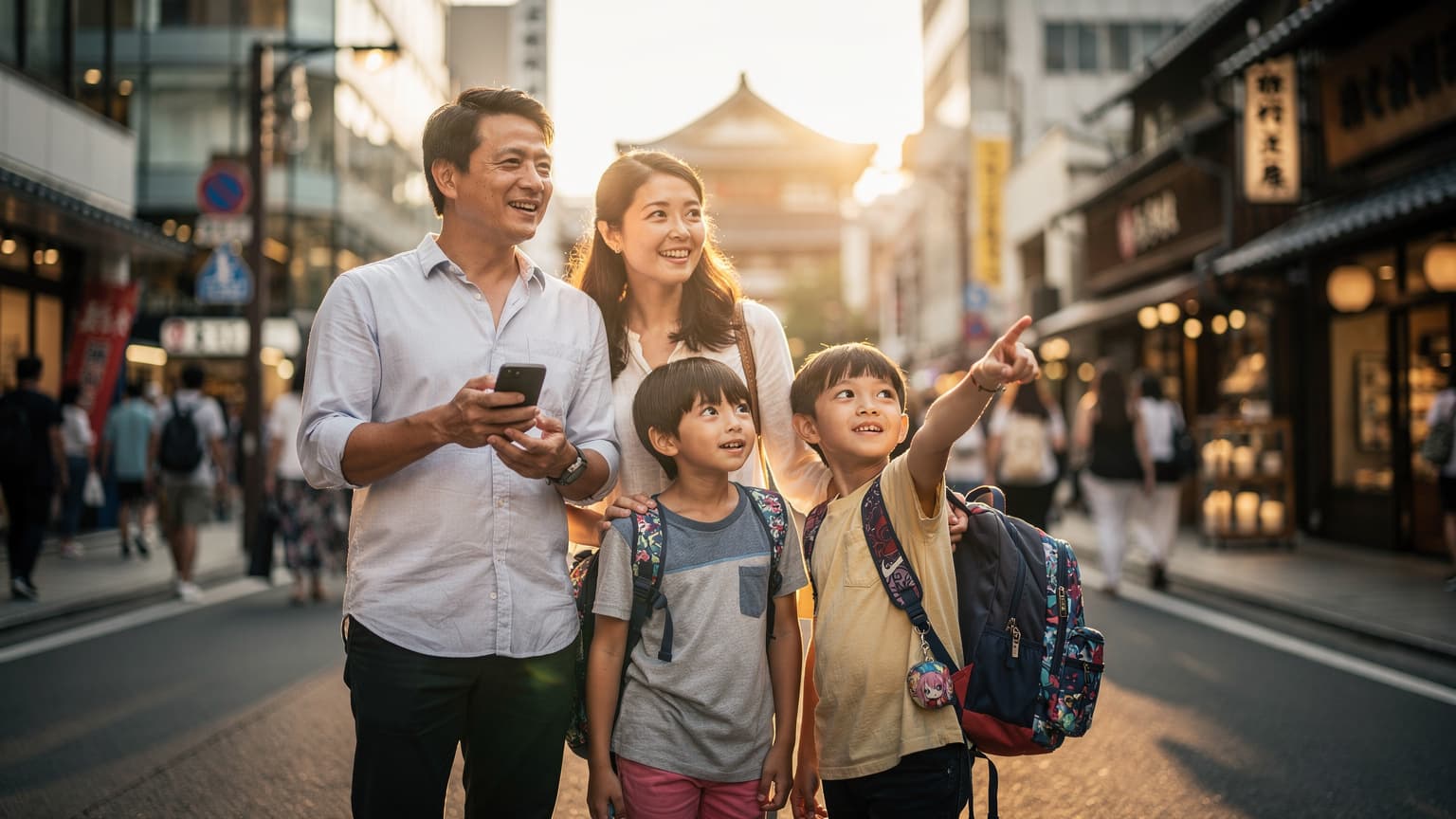 A diverse family joyfully exploring a vibrant Tokyo street, with parents subtly managing connectivity and children captivated by their surroundings, reflecting a seamless travel experience.