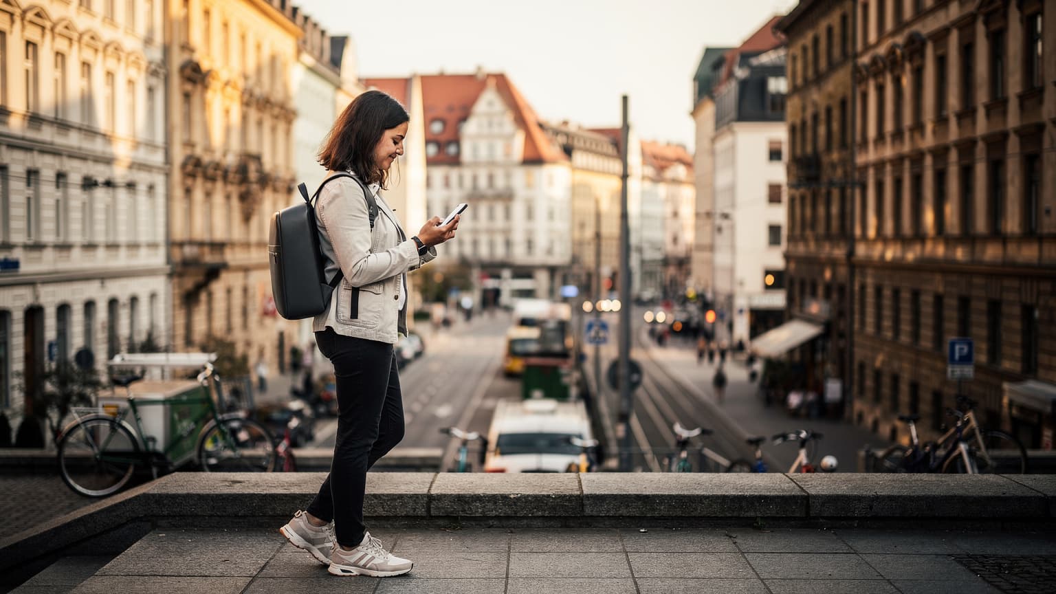 A photorealistic, cinematic image for a travel magazine, depicting a confident solo traveler in a German city, consulting a modern smartphone for navigation. Historic German architecture is subtly visible in the background under natural golden hour light, emphasizing safe and informed travel.