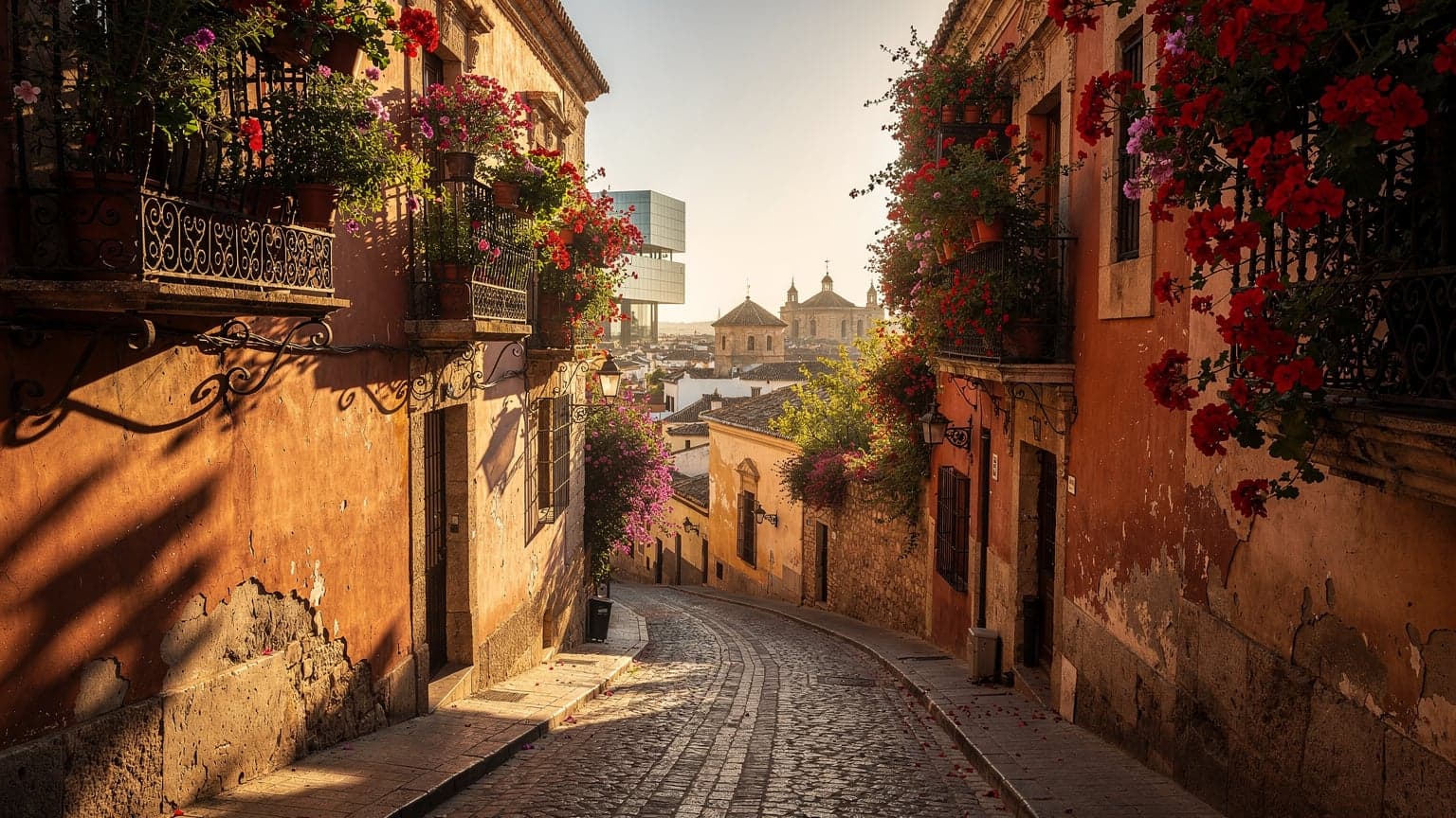 A vibrant, sun-drenched narrow cobblestone street in a historic Spanish city, featuring balconies with colorful flowers and ancient stone walls, with a hint of modern architecture in the distance.