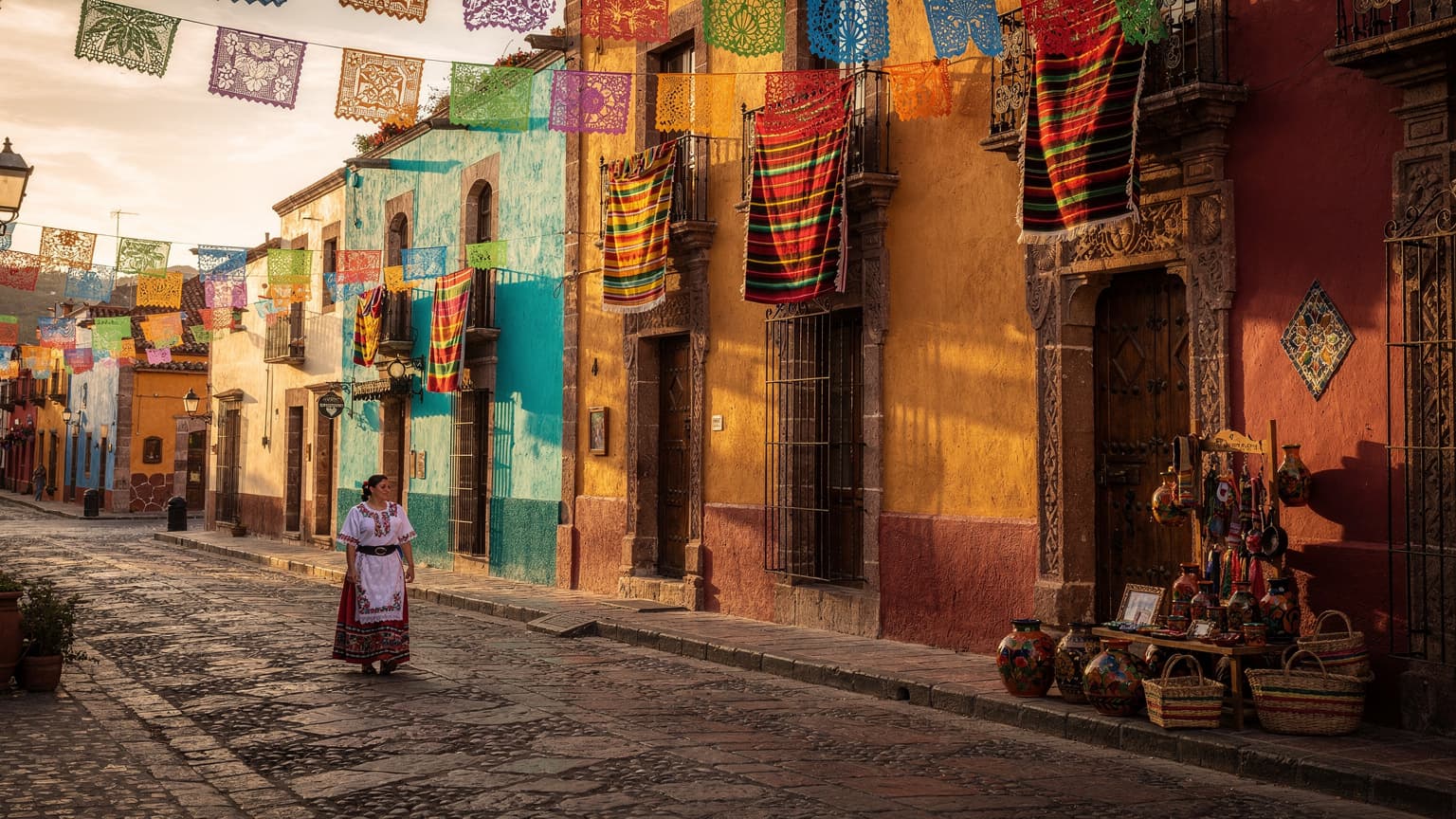 A vibrant, high-resolution hero image of a colorful colonial street in a historic Mexican city, bathed in golden hour sunlight. The street is lined with beautifully preserved buildings featuring ornate balconies and terracotta roofs, some adorned with traditional Mexican textiles. The light casts long shadows, highlighting architectural textures and creating a warm, inviting atmosphere, perfect for a travel magazine.