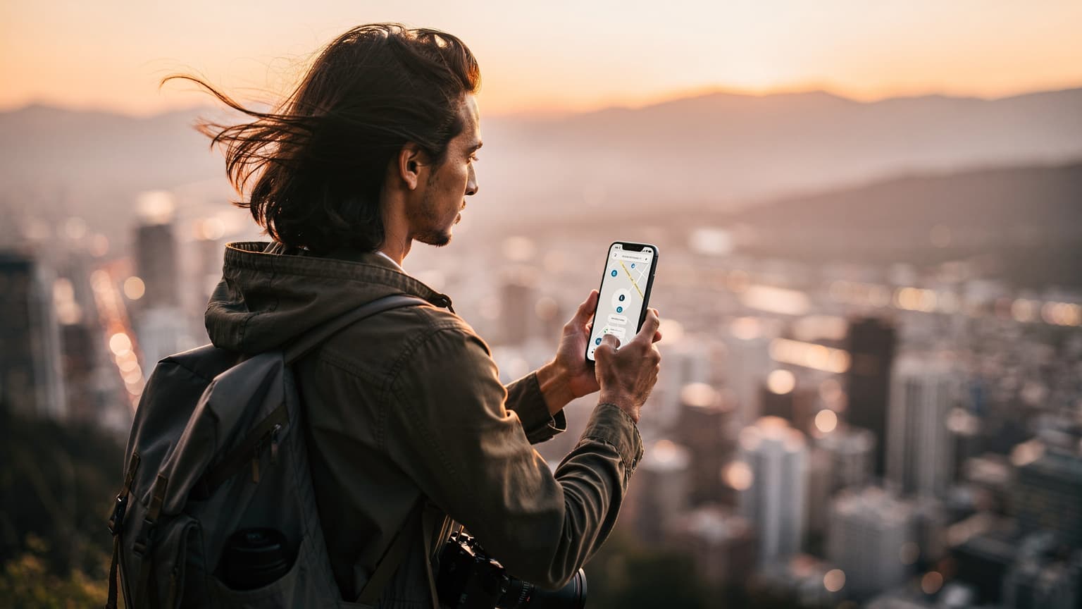 A traveler uses a smartphone in a beautiful, sunlit natural landscape, symbolizing modern global connectivity for international travel.