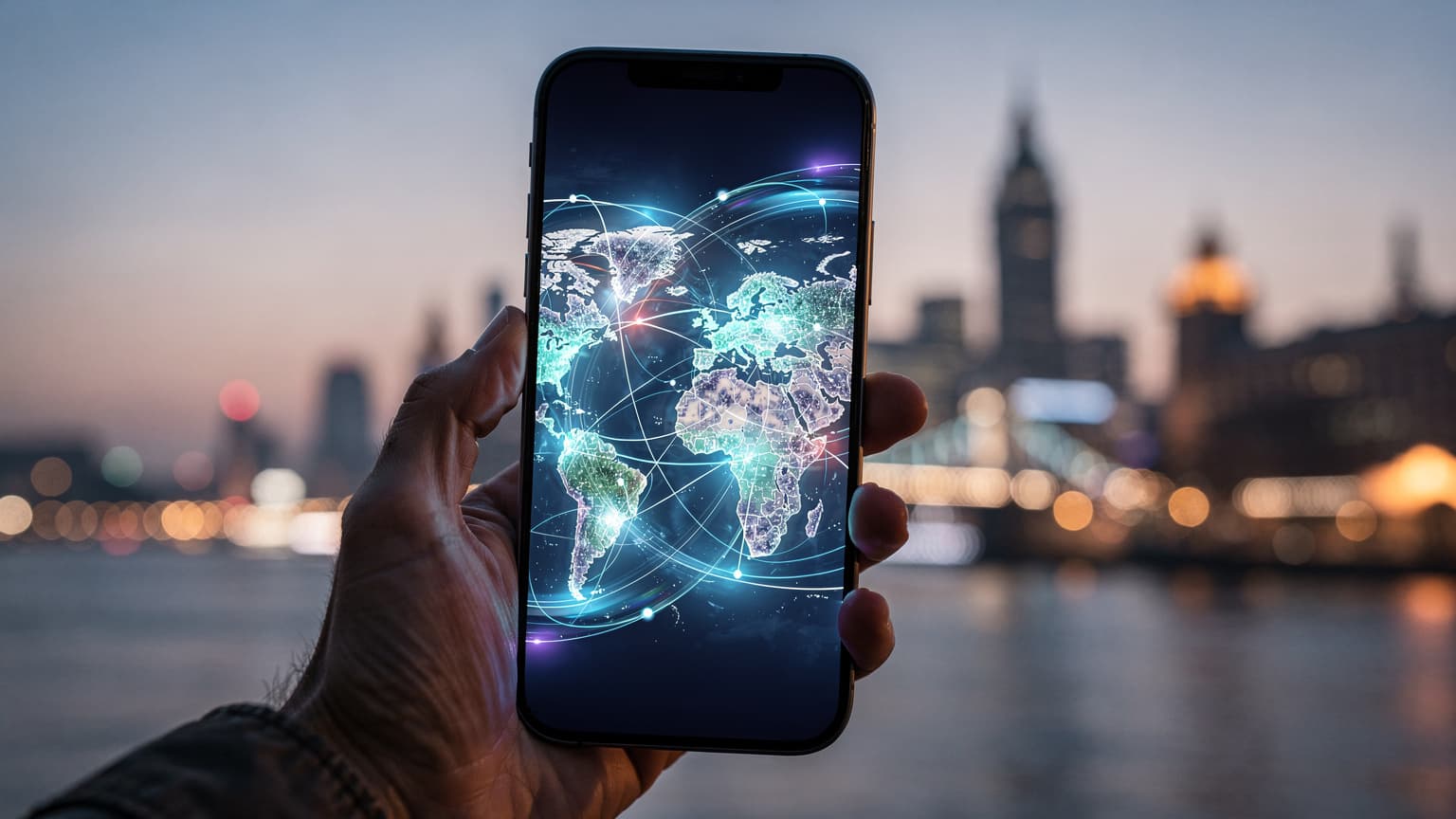 A traveler's hand holds a sleek smartphone displaying a glowing global data network visualization, set against a blurred international cityscape at dawn.