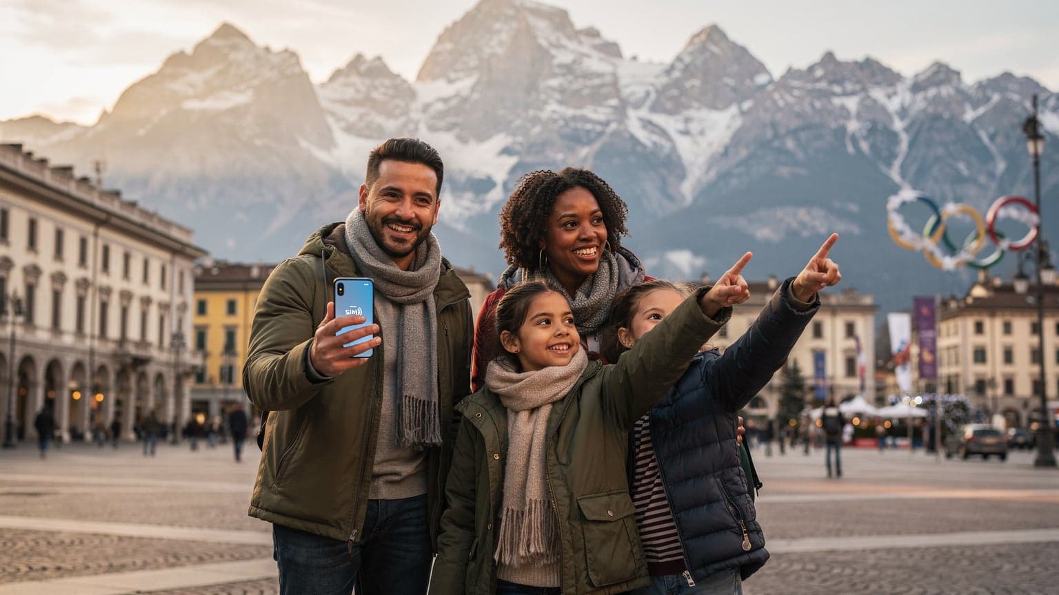 A photorealistic image of a diverse family enjoying travel to Milan and Cortina d'Ampezzo for the 2026 Olympics, with a parent subtly using a smartphone to show eSIM connectivity. The scene blends urban and mountain landscapes.