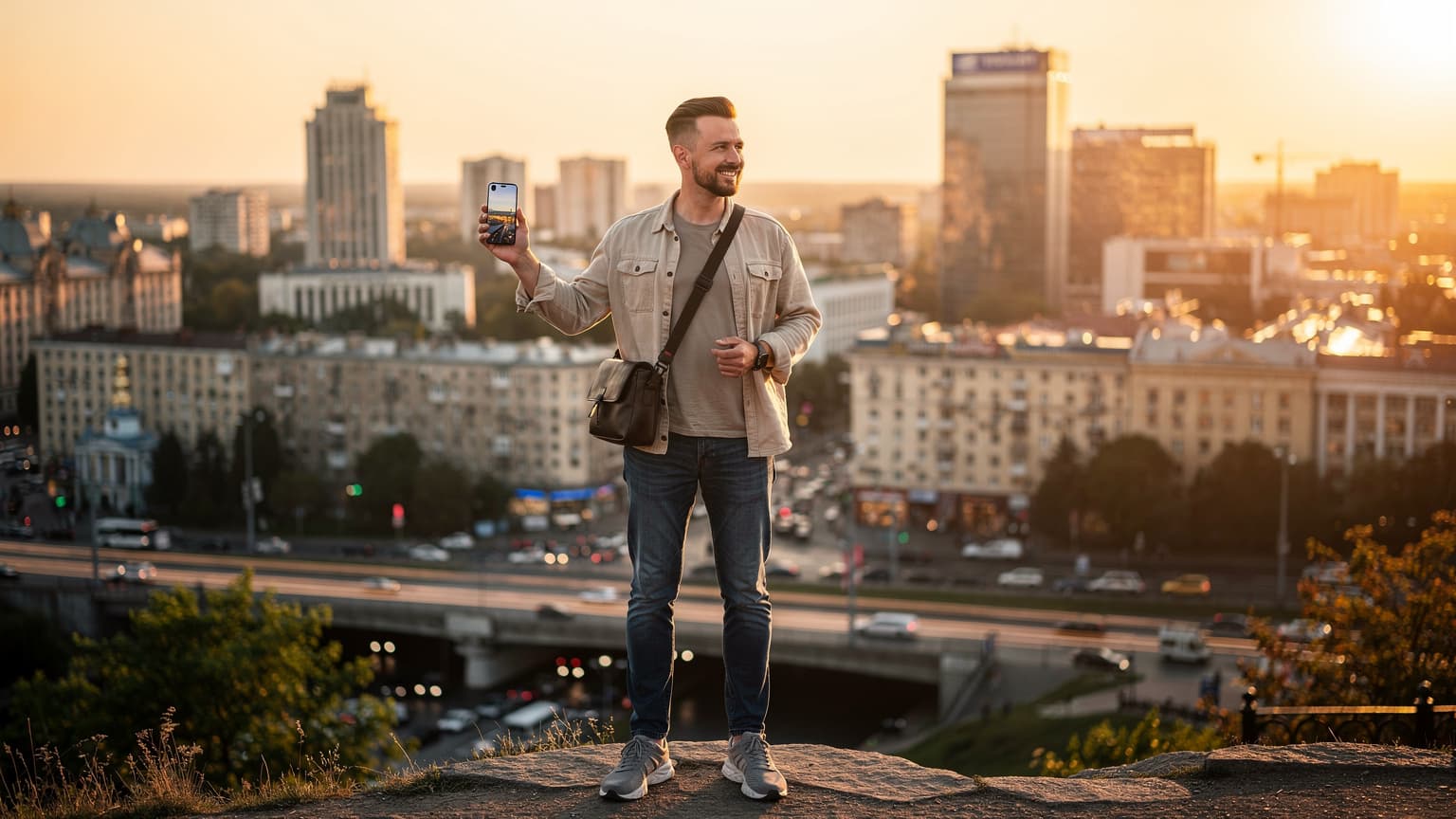 A person holding a smartphone on a scenic overlook of the Kyiv cityscape at sunset, looking confident and connected, representing modern mobile technology and seamless travel.