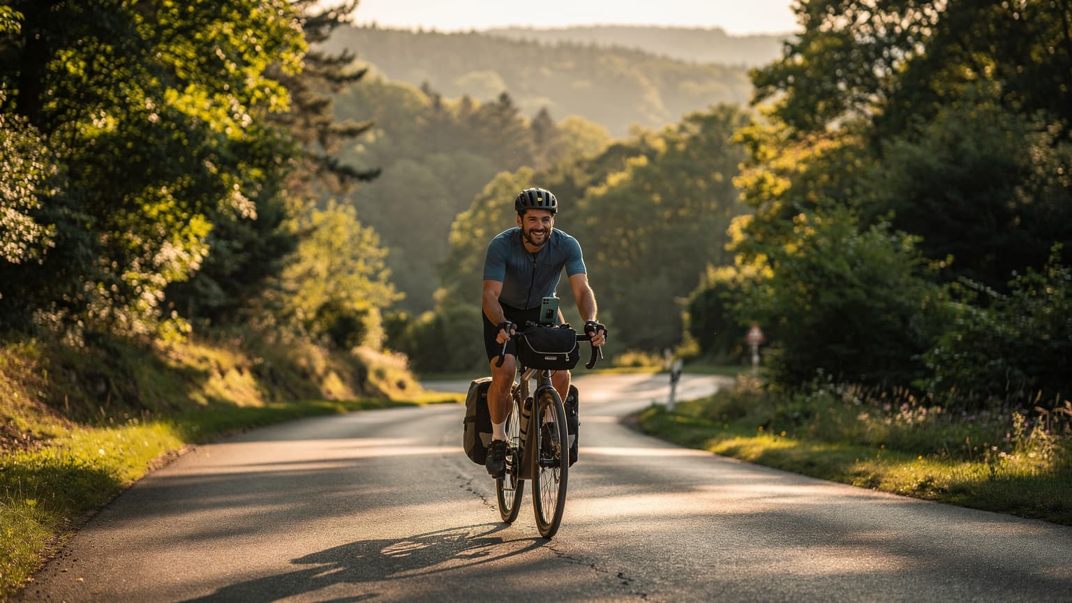A photorealistic image showing a cyclist on a touring bike riding on a winding road through a sun-dappled green forest. The cyclist looks relaxed and happy, with a subtle navigation device on the handlebars, conveying a carefree tech-enabled cycling adventure.