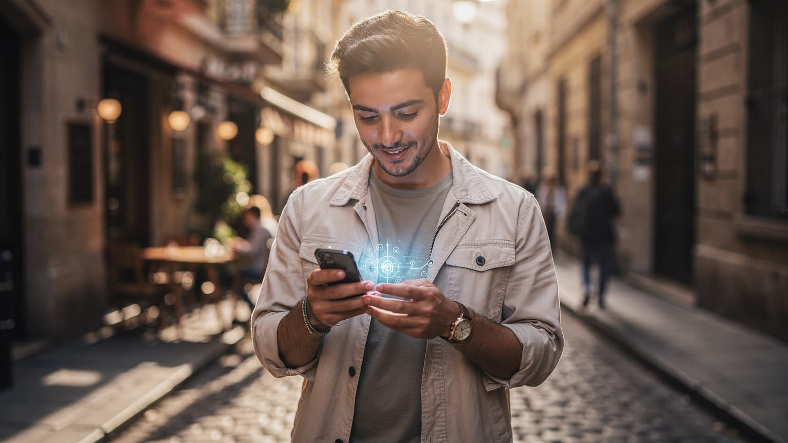 A traveler holding a modern smartphone and looking at its screen, standing on a charming cobblestone street in a European city bathed in golden hour light, symbolizing connected overseas travel.