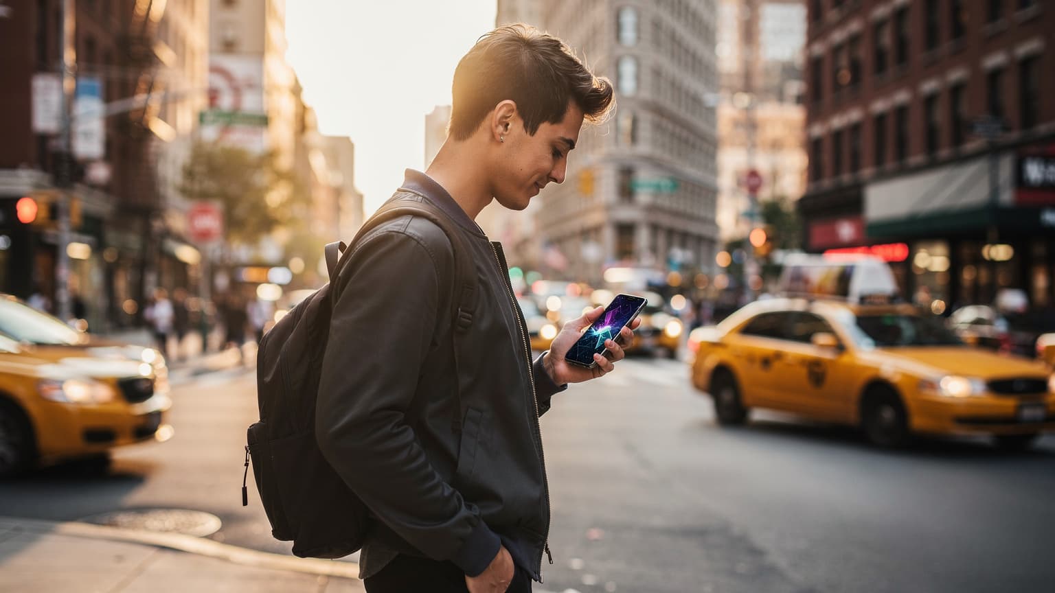 A young traveler uses a smartphone on a vibrant New York City street, with iconic architecture in the background, symbolizing effortless global connectivity and modern travel.